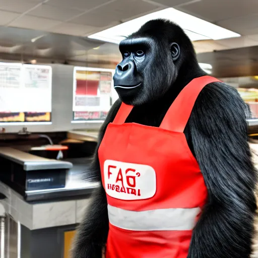 Prompt: high quality photo of a big gorilla working at a fast food restaurant