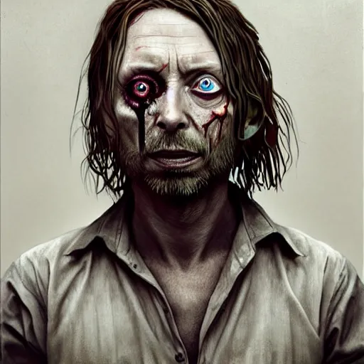 Prompt: thom yorke as a zombie, 7 days to die zombie, fine art, award winning, intricate, elegant, sharp focus, cinematic lighting, digital painting, 8 k concept art, art by z. w. gu, art by brom, art by michael hussar, 8 k