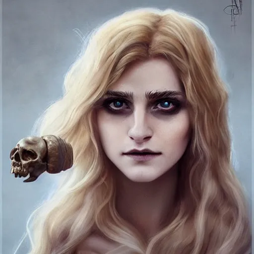 Prompt: Emma Charlotte Duerre Watson, blonde curly hair, holding a skull staff, dark fantasy, symmetrical face two identical symmetrical eyes,feminine figure, smooth skin,gorgeous, pretty face, beautiful body, revealing outfit, high detail, realistic, cgsociety, artgerm, trending on artstation