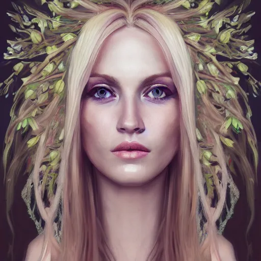 Image similar to a symmetrical portrait of a blonde woman with plants in hair, oil painting, pale colors, high detail, 8 k, wide angle, trending on artstation,