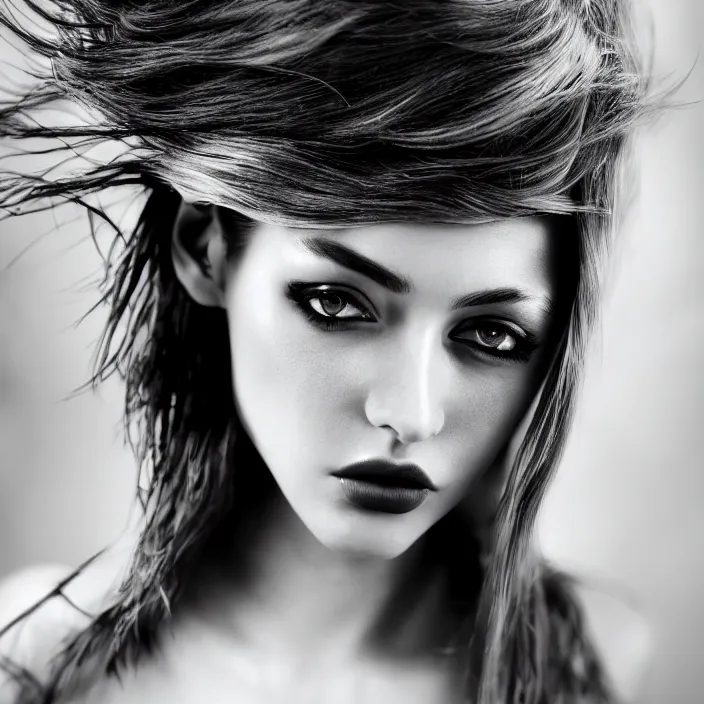 Image similar to young beautiful woman, gorgeous face, black and white photography, high fashion, full - body, 8 k, unreal engine 5, ultra sharp focus, art by victoria siemer, kirsty mitchell, laura zalenga