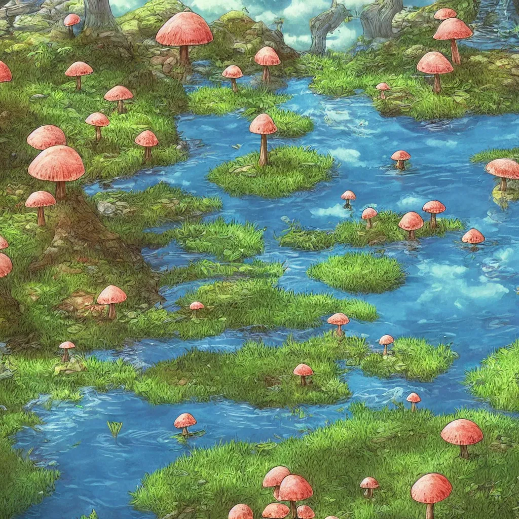 Prompt: a beautiful lake with cute little mushrooms growing around it, fantasy art, 2 d game art, by studio ghibli