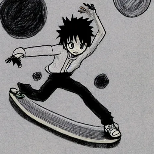 Image similar to a manga drawing of Kirua skating a skateboard, by Yoshihiro togashi