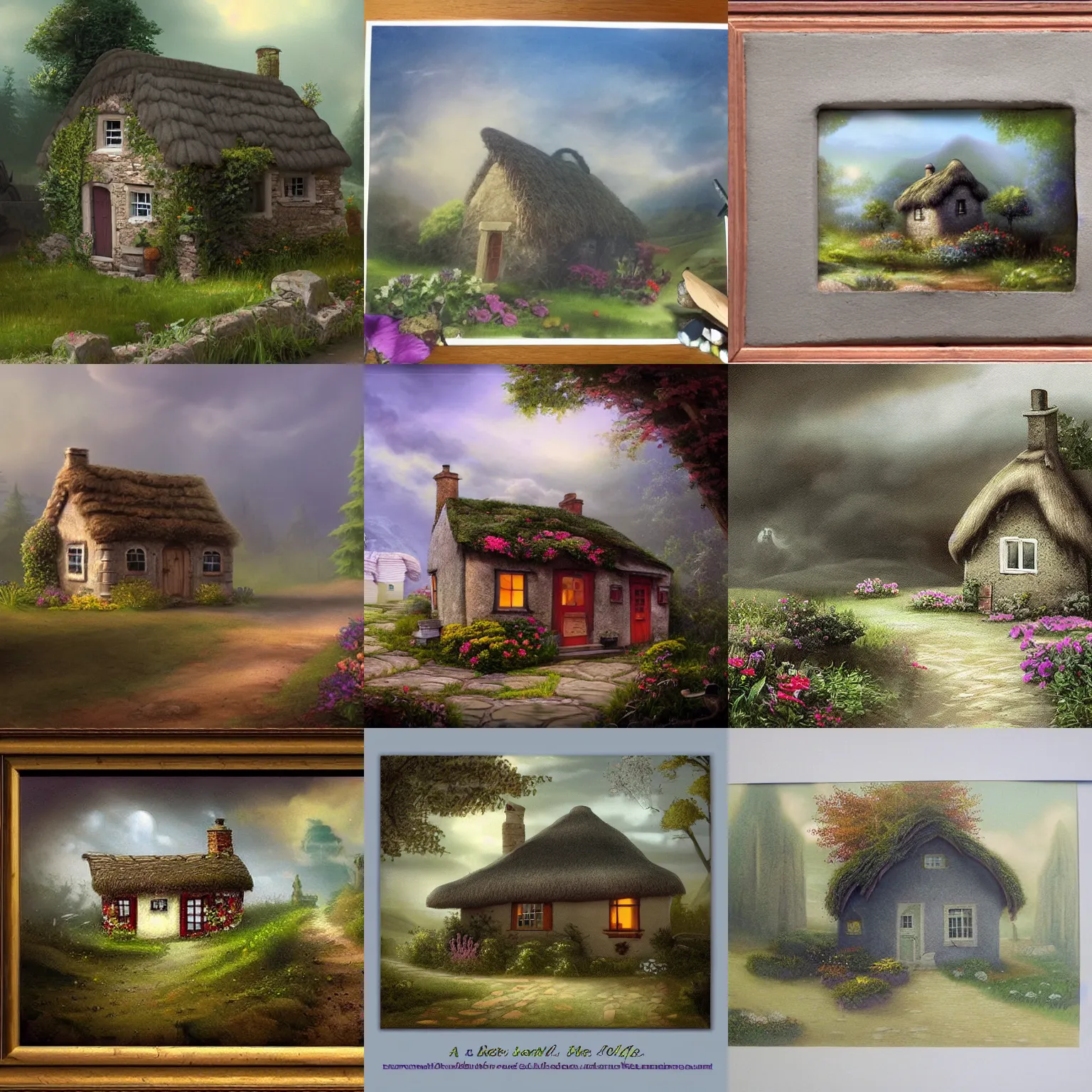 Prompt: a beautiful matte painting of a little cottage,