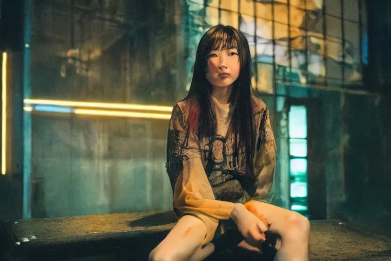 Prompt: photography masterpiece by haruto hoshi and yang seung woo, flash photography portrait of a cute young pretty japanese woman with dyed hair sitting in a in a kyabakura night club, shot on a canon 5 d mark iii with a 3 5 mm lens aperture f / 5. 6, dslr, hd, full res, 4 k