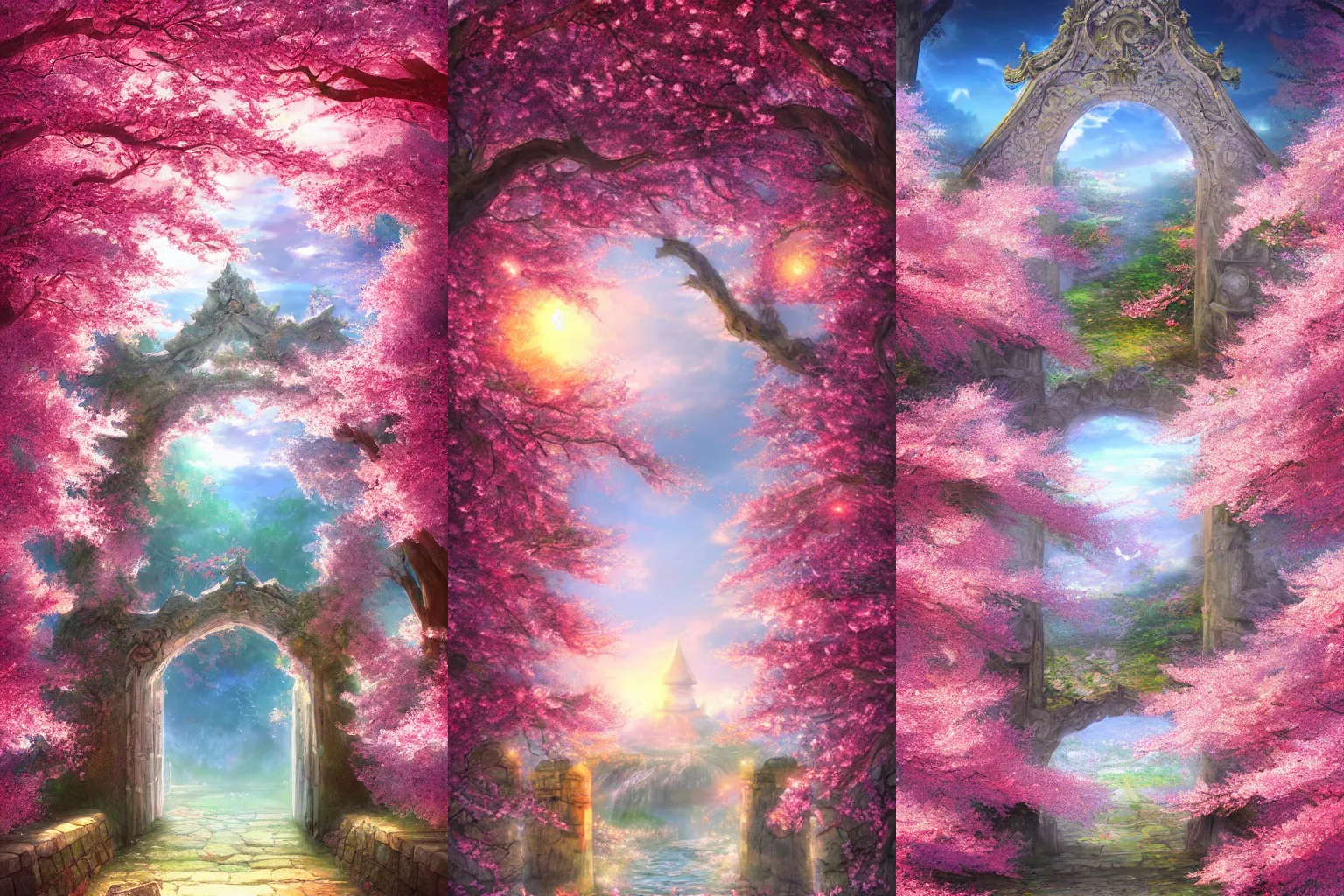 Prompt: The gate to the eternal kingdom of cherry blossom, fantasy, digital art, HD, detailed.