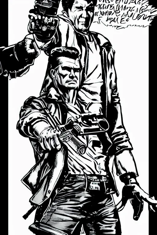 Prompt: ronald reagan holding a pistol, a page from cyberpunk 2 0 2 0, style of paolo parente, style of mike jackson, adam smasher, johnny silverhand, 1 9 9 0 s comic book style, white background, ink drawing, black and white, colouring pages