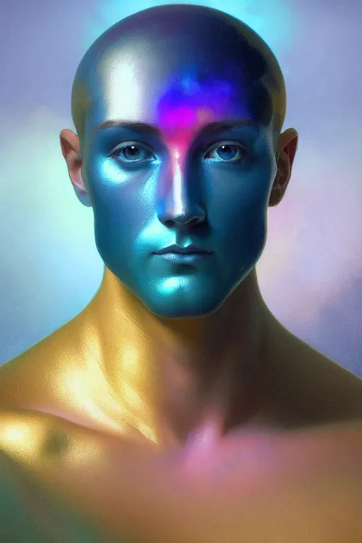 Prompt: bust of a man , strong boy, gradient rainbow, dreamy and ethereal, blue eyes, golden ratio, peaceful expression, ornate frilly dress, fantasy, intricate, elegant, rainbow bubbles, highly detailed, digital painting, artstation, concept art, smooth,b sharp focus, illustration, art by artgerm and greg rutkowski and alphonse mucha