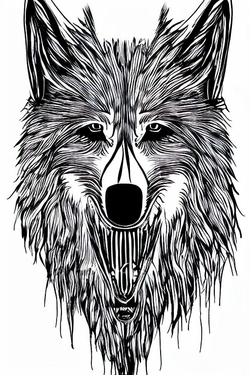 Image similar to Psychotic crisis portrait of a wolf head. pen sketch on white paper, simple black lines, lineart