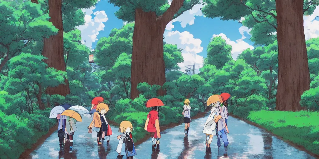 Image similar to anime kids walking home in japanese suburbs with high redwood trees. afternoon puddles after the rain. neogeorgian buildings and stone brick retaining walls near the sidewalk. studioghibli cartoon trending on artstation. cool colors. hills. forests in the distance.