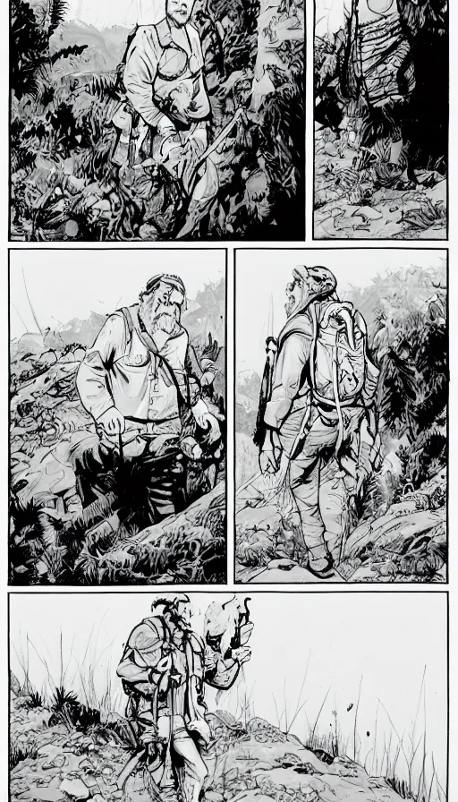 Image similar to multi - panel page from a highly detailed horror comic. a handsome rugged bearded man treks through a jungle wearing a backpack. exhausted, he stands on the edge of a cliff looking at distant mountains. ink.