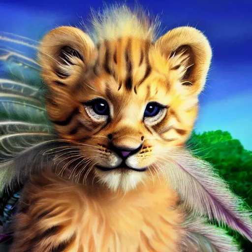 Prompt: hybrid animal cross between lion cub and fluffy tabby kitten, cute, long fur, background of peacock feathers, detailed magical realism painting 4 k - n 4