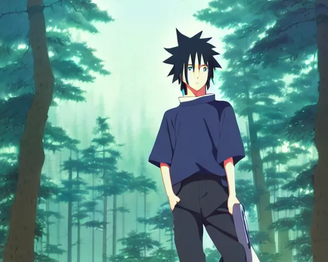 Prompt: sasuke uchiha, forest in background, bokeh. anime masterpiece by Studio Ghibli. illustration, sharp high-quality anime illustration in style of Ghibli, Ilya Kuvshinov, Artgerm