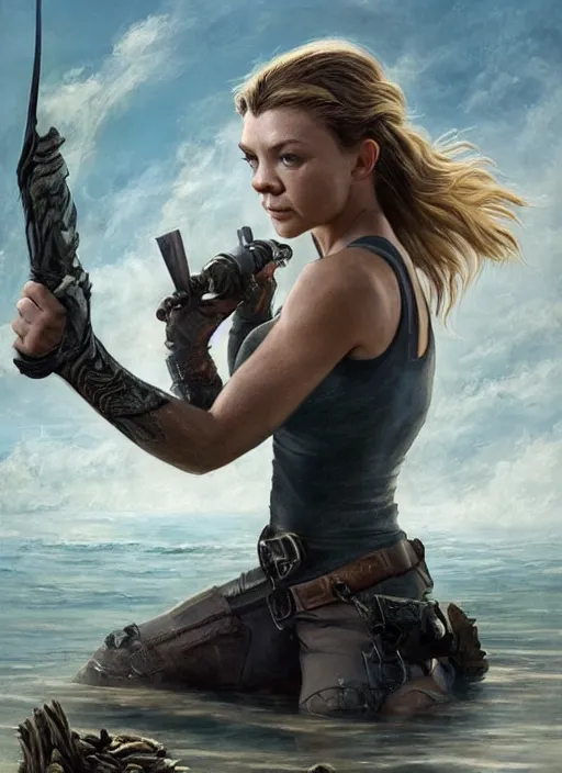 Image similar to Natalie Dormer as Lara Croft as a ruggedly handsome heroine kneeling next to a glowing artifact lodged in shallow water, intricate, elegant, highly detailed, artstation, concept art, smooth, sharp focus, illustration, bokeh art by artgerm and donato giancola and Joseph Christian Leyendecker, WLOP, fireflies