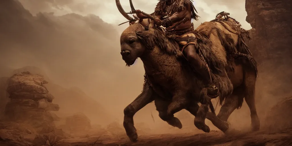 Image similar to an ancient tribesman driving an ancient motorcycle, hunting bisons , symmetrical face, muscular body, attacking, chase, action scene, an epic fantasy, dramatic lighting, cinematic, establishing shot, extremely high detail, photorealistic, cinematic lighting, artstation, octane render, western,old photo, vintage