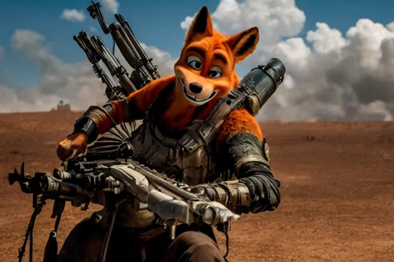 Image similar to nick wilde, heavily armed and armored facing down armageddon in a dark and gritty reboot from the makers of mad max : fury road