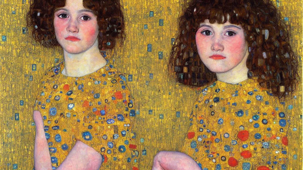 Prompt: A decent young girl portrait by Gustav Klimt.