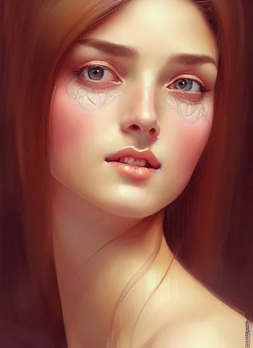 Image similar to beautiful ukrainian feminine face! portrait of young woman blessed by god with ever - increasing physical and mental perfection, beautiful hair, symmetrical! intricate, elegant, highly detailed, vision of holy perfection!! smile, digital painting, artstation, concept art, smooth, sharp focus, illustration, art by artgerm and greg rutkowski and alphonse mucha