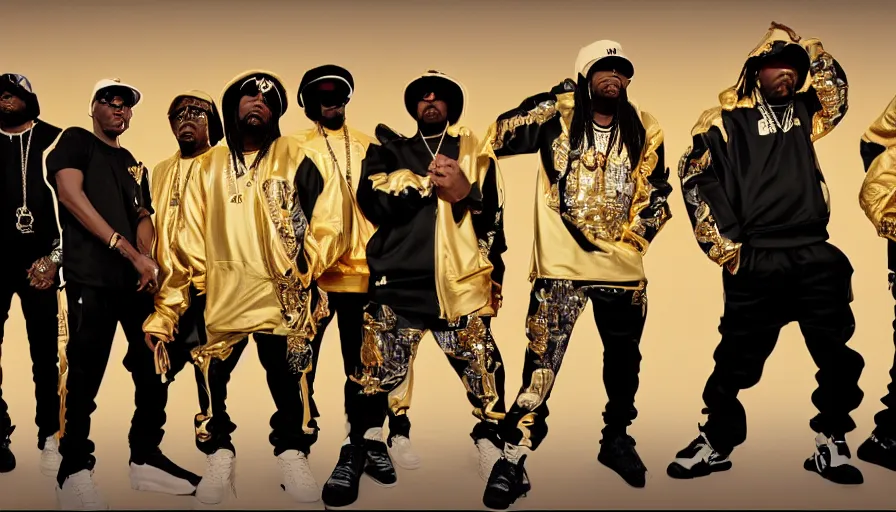 Image similar to full - body action shot of a gangsta rap group n. w. a. in gangsta outfits, posing like gangstas, expensive clothes, stern faces, symmetrical features, fancy cars, compton, l. a., gold and diamond jewelry, urban, afrofuturism in the style of boondocks, highly - detailed, octane render, unreal 5, realism,