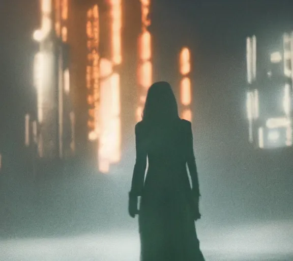 Prompt: a pov shot, color cinema film still kate middleton wearing a white lace dress in blade runner 2 0 4 9, cinematic lighting at night.