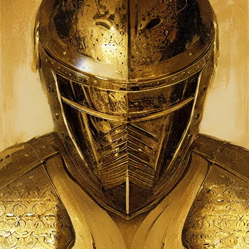 Prompt: portrait of a knight with helmet off, gold armor with intricate engraving, by craig mullins.