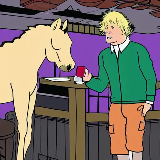 Prompt: BoJack the horse from Bojack Horseman at a bar with Boris Johnson