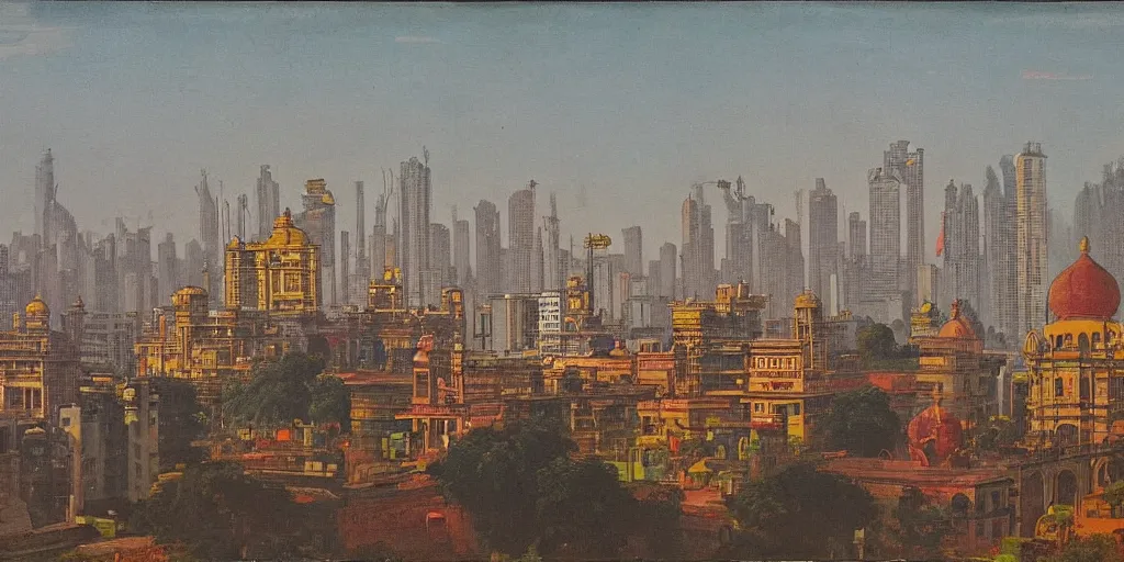 Prompt: mumbai skyline in the style of raja ravi varma with victoria terminus in the background, high detail, realism