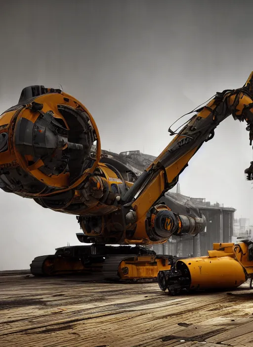 Image similar to a photorealistic dramatic hyperrealistic render of a futuristic exosuit power excavator heavy machinery, ultra realistic details, glossy yellow, well worn, rust, oil stains by vitaly bulgarov and mike nash, beautiful dramatic dark moody tones and lighting, cinematic atmosphere, studio lighting, global illumination, shadows, dark background, octane render, 8 k