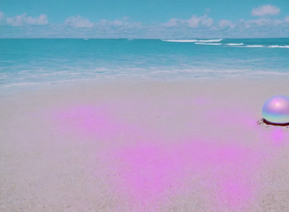 Prompt: a pastel coloured vintage family holiday photo of an empty beach from an alien dreamstate world with chalky pink iridescent!! sand, reflective lavender ocean water, dim bioluminescent plant life and an igloo shaped shiny plastic transparent festival speakers. glare. refraction, volumetric light.