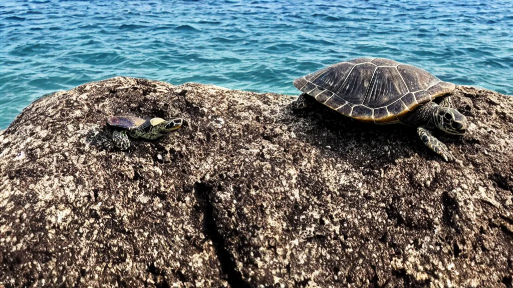 Image similar to a turtle on a rock looking at the sea, macro 8mm photo, the camera is behind the turtle