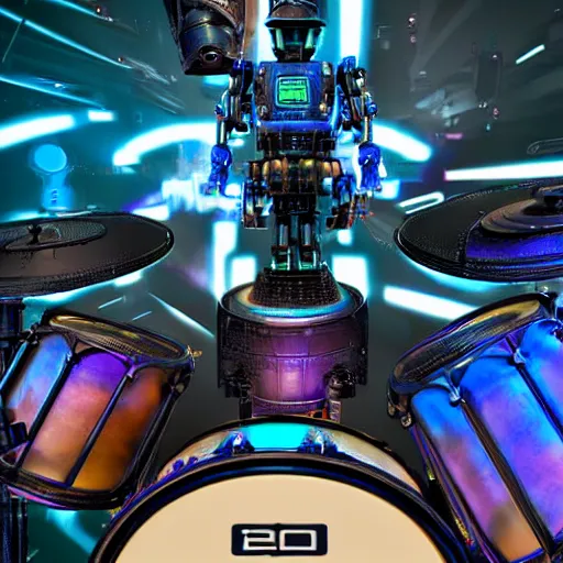 Prompt: photo of huge robotic drumset on a concert tage, the drumset is futuristic steampunk style with gears and tubes, 8 k, fluorescent colors, halluzinogenic, multicolored, exaggerated detailed, unreal engine - w 7 6 8