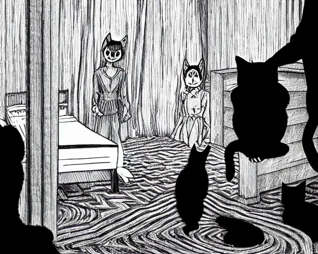 Prompt: junji ito's 'there's a large, black, shadowy cat under the bed', full width, zoomed out