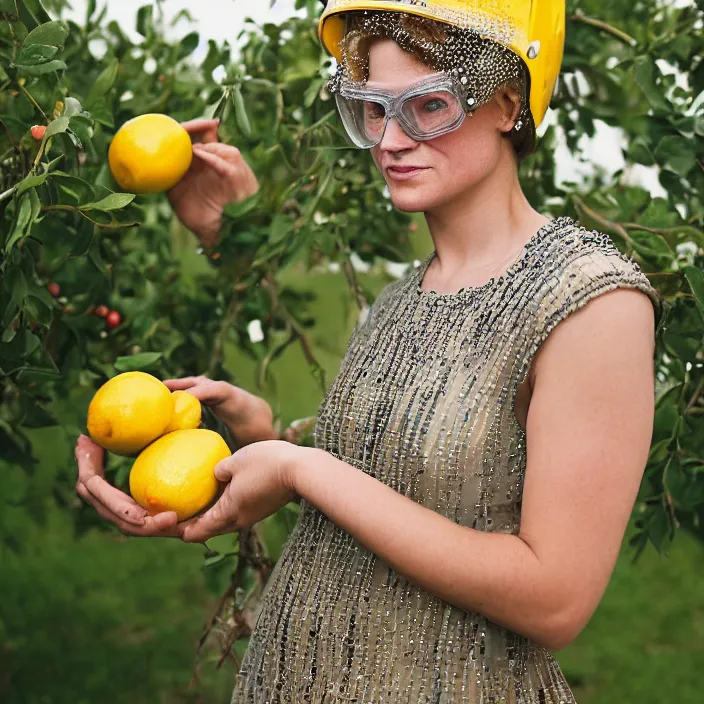 Prompt: a closeup portrait of a woman in a scuba helmet, wearing a dress made of beads, picking lemons in an orchard, color photograph, by vincent desiderio, canon eos c 3 0 0, ƒ 1. 8, 3 5 mm, 8 k, medium - format print