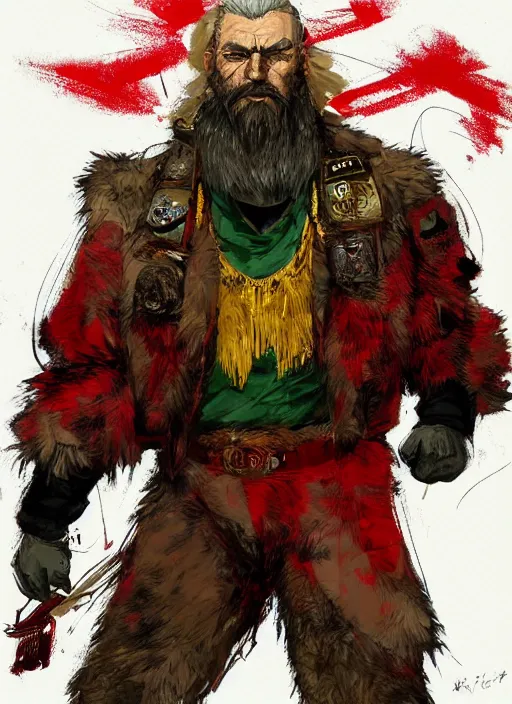 Image similar to Full body portrait of an old muscular man with blonde hair and beard wearing bear skin and red, green and gold jacket. In style of Yoji Shinkawa and Hyung-tae Kim, trending on ArtStation, dark fantasy, great composition, concept art, highly detailed.