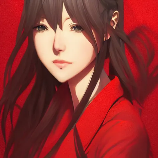 Image similar to kurisu makise, elegant, ultra highly detailed, digital painting, smooth, sharp focus, artstation, top-down shot, red background, art by Ina Wong