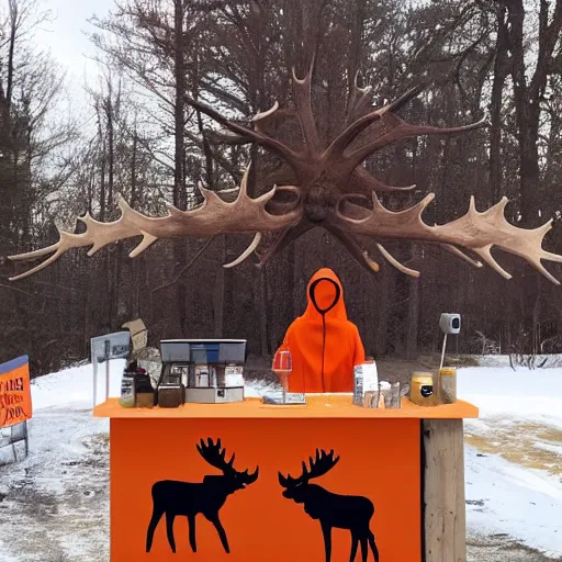 Image similar to a moose with an orange hoodie and antlers selling coffee at a stand in peterborough new hampshire, realistic, 8 k