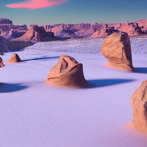 Prompt: beautiful rock formations in the utah desert during winter, dead desolate, beautiful vibrant, snow, unreal engine 5, octane render