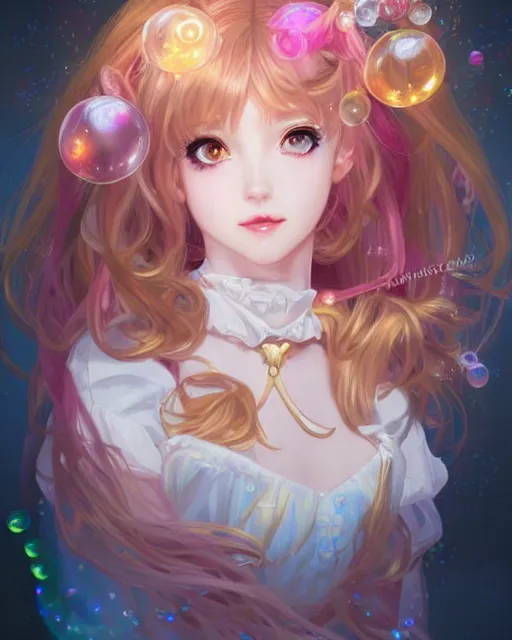 Image similar to portrait of magical lolita girl, dreamy and ethereal, expressive pose, big gold eyes, exciting expression, fantasy, intricate, elegant, many rainbow bubbles, rose tones, highly detailed, anime, artstation, concept art, cyberpunk wearing, smooth, sharp focus, illustration, art by artgerm and greg rutkowskiand alphonse mucha