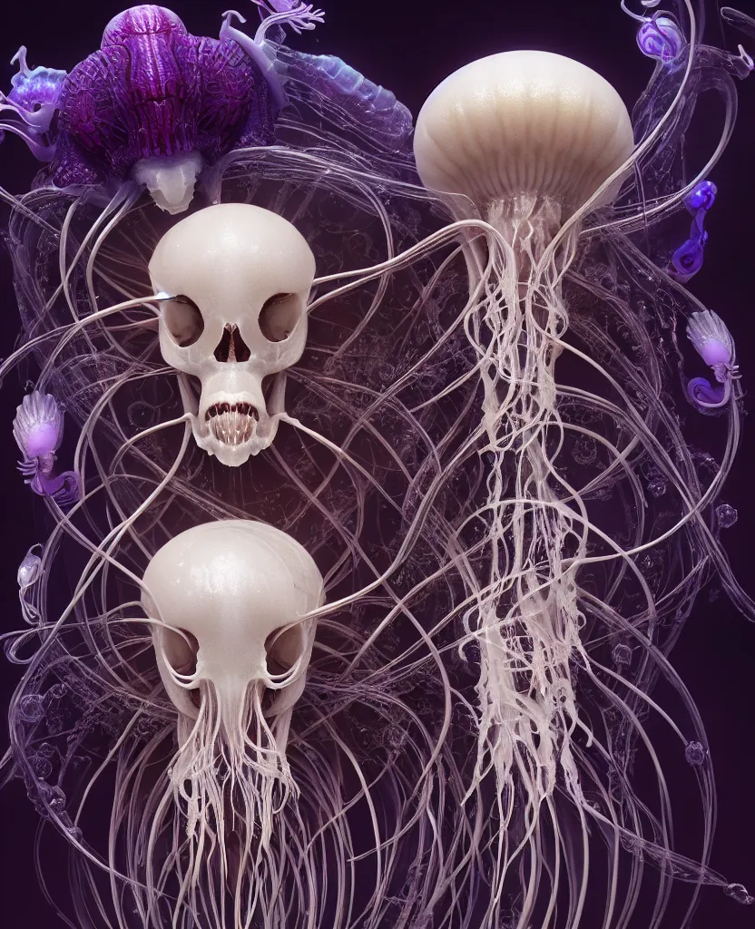 Image similar to goddess close-up portrait ram skull. jellyfish phoenix head, nautilus, orchid, skull, betta fish, bioluminiscent creatures, intricate artwork by Tooth Wu and wlop and beeple. octane render, trending on artstation, greg rutkowski very coherent symmetrical artwork. cinematic, hyper realism, high detail, octane render, 8k