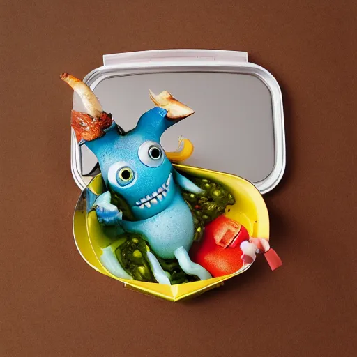 Prompt: cute monster in a lunch box by Greg Rutkowski, product photography, centered, studio lightning
