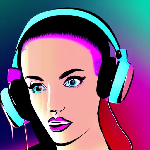 Prompt: a close up of a female face with headphones and retro colours, synthwave style, 2d digital vector art