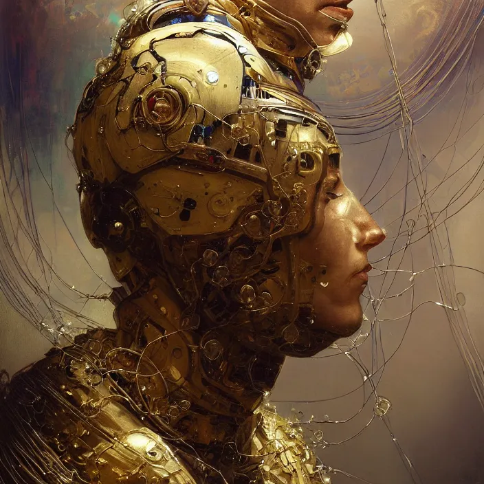 Image similar to hyperrealist portrait of a 2 0 4 4 space sport ironman, it is decorated with long gold wires and white flowers that fall like vines and wears a huge computer crown. by jeremy mann and alphonse mucha, fantasy art, photo realistic, dynamic lighting, artstation, poster, volumetric lighting, dramatic light, very detailed faces, 8 k, award winning