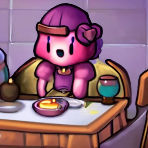 Prompt: kirby at dinner table with companion cube from portal, romantic, candlelight, realistic, source engine