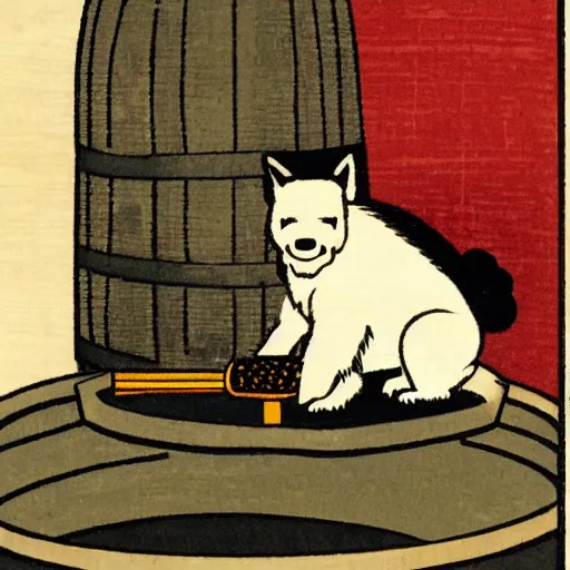 Image similar to Japanese woodblock print of a westie bottling wine next to a barrel