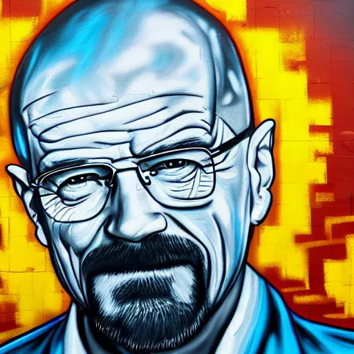 Image similar to graffiti painting of walter white, ultra high detail, 8 k.