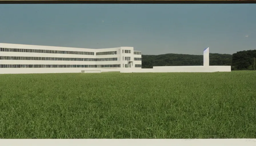 Image similar to a large white building sitting on top of a lush green field, an art deco sculpture by Bauhaus, cg society, bauhaus, panorama, art deco, 1970s