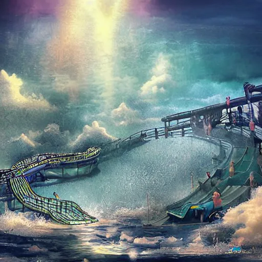 Prompt: waterpark in the clouds of heaven, digital art, cinematic lighting, epic composition, highly detailed
