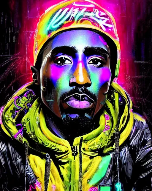 Image similar to detailed Tupac Shakur portrait Neon Operator, cyberpunk futuristic neon, reflective puffy coat, decorated with traditional Japanese ornaments by Ismail inceoglu dragan bibin hans thoma !dream detailed portrait Neon Operator Girl, cyberpunk futuristic neon, reflective puffy coat, decorated with traditional Japanese ornaments by Ismail inceoglu dragan bibin hans thoma greg rutkowski Alexandros Pyromallis Nekro Rene Maritte Illustrated, Perfect face, fine details, realistic shaded, fine-face, pretty face
