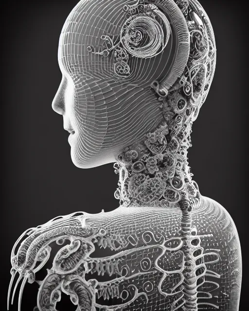 Image similar to mythical dreamy black and white organic bio - mechanical spinal ribbed profile face portrait detail of translucent steampunk beautiful intricated monochrome angelic - human - queen - vegetal - cyborg, highly detailed, intricate translucent ivy jelly ornate, poetic, translucent roses ornate, 3 d render, digital art, octane render, 8 k artistic lithography