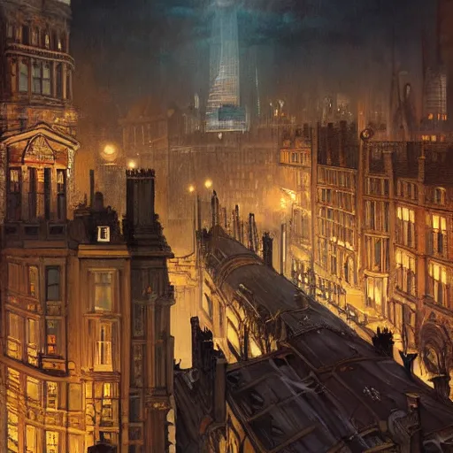 Prompt: a painting of london in 1 9 2 0's, ultra realistic, colour, concept art, intricate details, night, thunder, raining, eerie, highly detailed,, dark fantasy, photorealistic, octane render, 8 k, unreal engine 5. art by artgerm and greg rutkowski and alphonse mucha